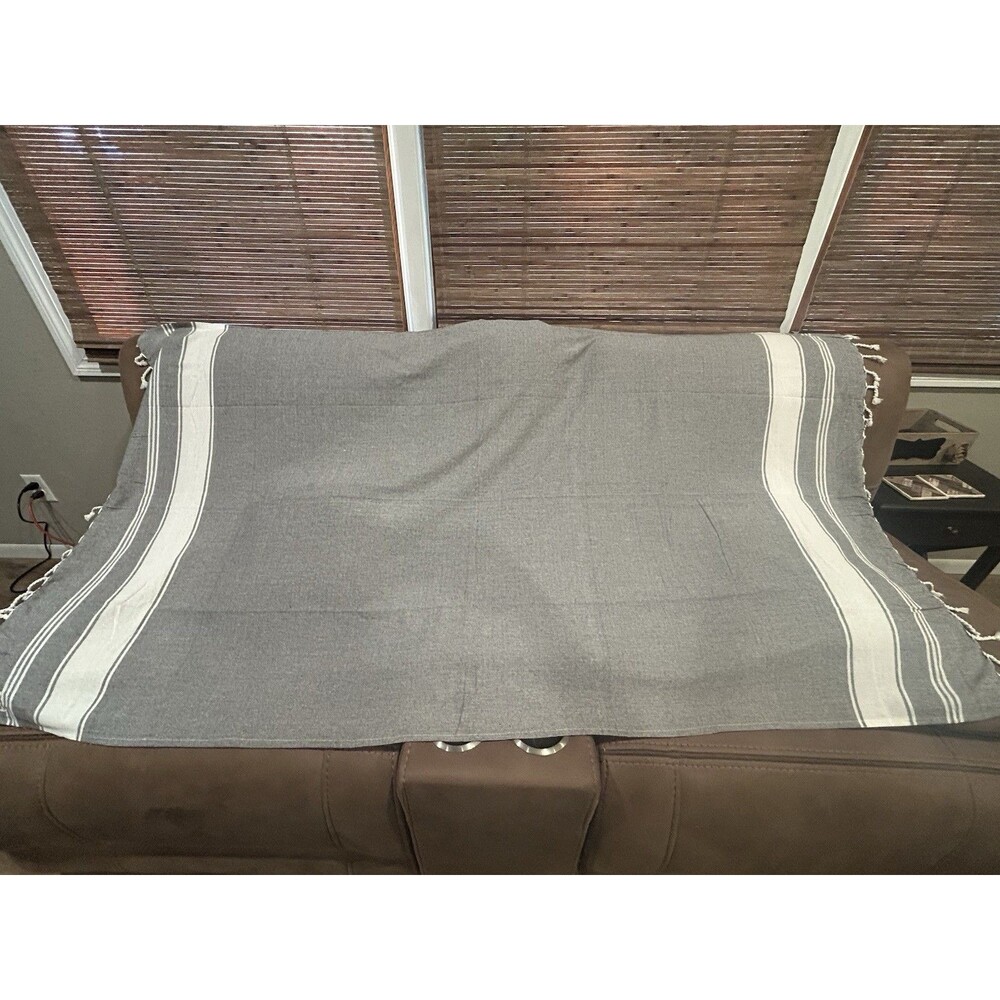 Lane Linen Oversized Beach Towel Absorbent Quick Dry Gray White Stripes 39 X 71